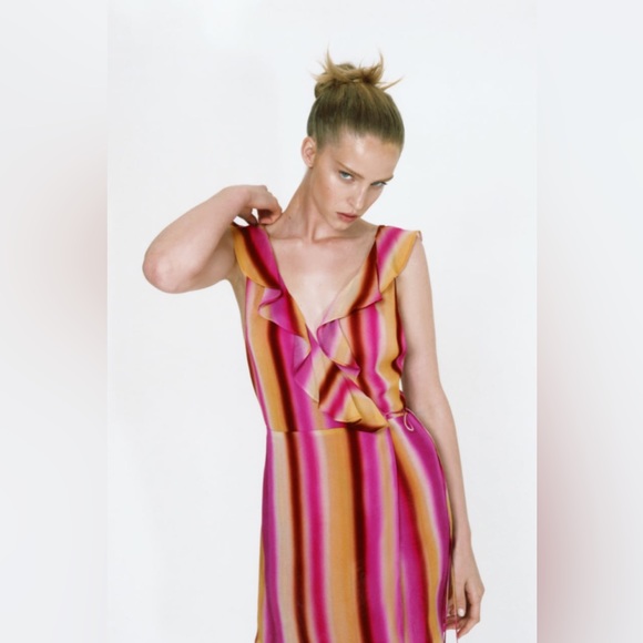 Zara✨Chiffon Stripe Ruffle Collar Wrap Mini Dress-Pink - Picture 4 of 7